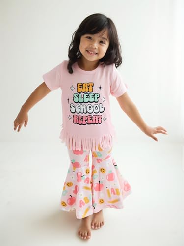 Image of Unique Baby 2 Piece Girls Bell Bottom Leggings Outfit with Short Sleeved Shirt Kid and Toddler Clothes Set