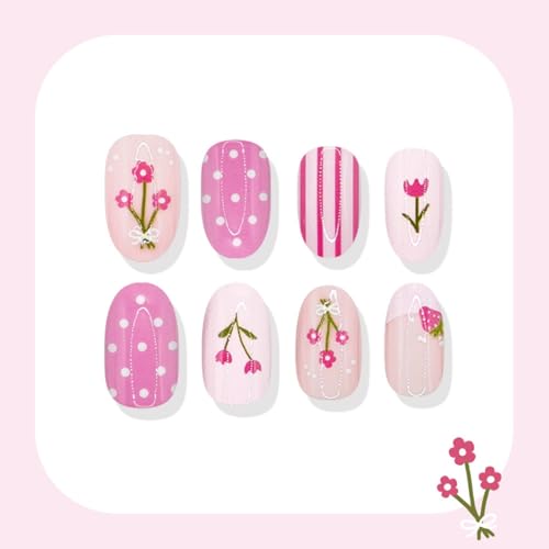 Image of Pink Press on Nails Flower Fake Nails Medium Oval False Nail with Stripes Polka Dot Design Reusable Glossy Full Cover Tulip Stick on Nail for Women Manicure 24Pcs