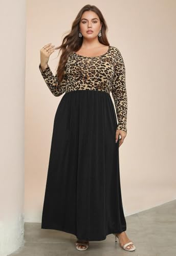 Image of Nemidor Women Plus Size Casual Maxi Dress Long Fall Pockets | Size 14-26 plus, elastic waist, long sleeve, round neck, loose, boho, curvy, winter, wedding, daily, vacation, work, holiday