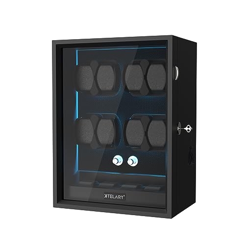 XTELARY Watch Winder for 8 Automatic Watches, Lockable Automatic Winders with Extra 4 Watch Storages, 4 Rotation Modes, Flexible Watch Pillows, Quiet Mabuchi Motor, and Blue Backlight