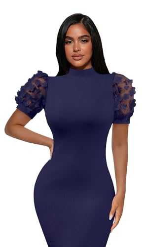 Image of Annystore Women's Mesh See Through Sheer Dress Short Puff Sleeve Bodycon Dress Mock Neck Sexy Club Party Midi Dress Clubwear