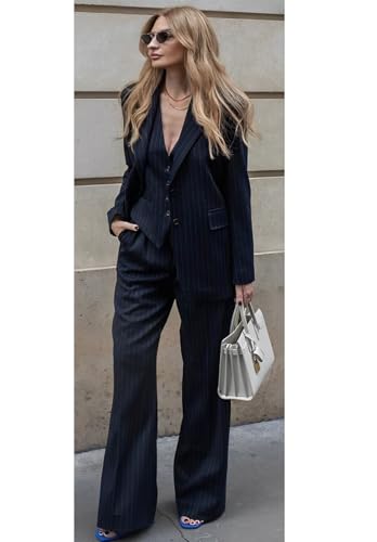 Women's Stripes 3 Piece Suits Slim Fit Office Lady Business Blazer Jacket Vest Pant Outfits2
