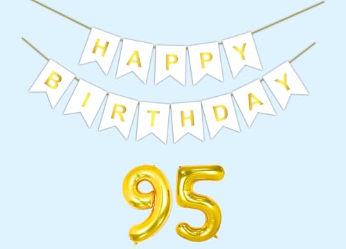 Image of 95th Happy Birthday Decoration Kit White for 95 year Old Men Women with Number Ninety-five Party Decorations Decor Celebration Items Item Set Combo Reusable Paper Banner