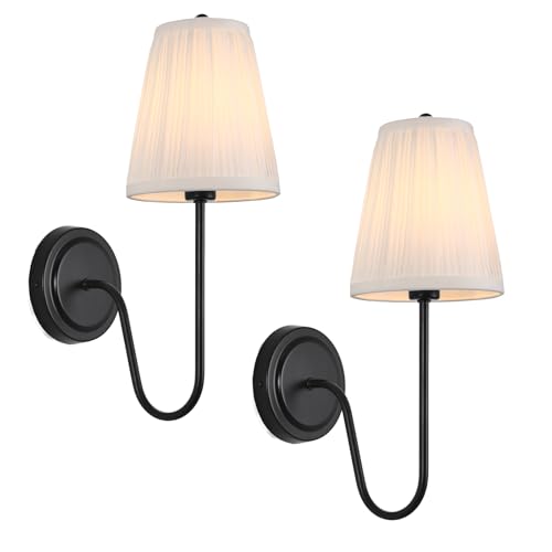 Image of Electro bp; Elegant Single Wall Sconces White Pleated Fabric Lamp Shades with Black Curved Metal Arm Silk Cover Wall Lighting,E12,40W,Hardwired(Set of 2);
