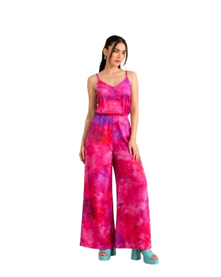 Women's Fuchsia Dream Watercolor Print Jumpsuit | Sleeveless Camisole Neck | Wide Leg | Relaxed Fit | Casual, Party, Vacation for Girls-image-23