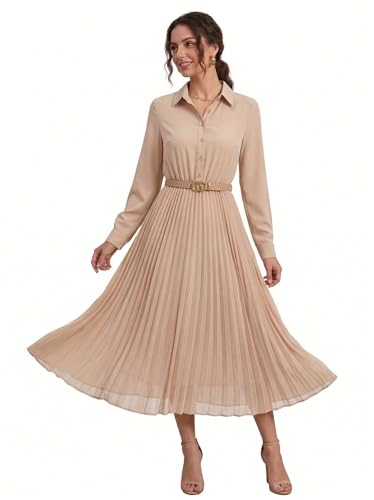 Image of Business Casual Shirt Dress for Women Long Sleeves Pleated Midi Dresses with Belt