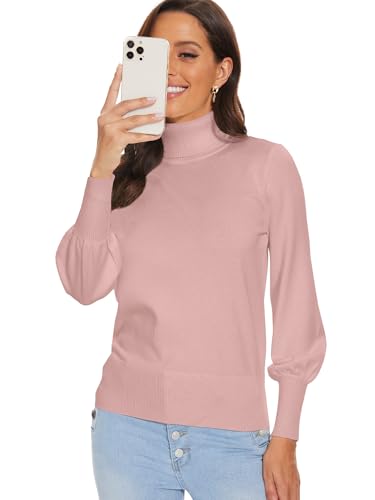 Image of Pink Turtleneck Sweaters for Women Long Sleeve Pullover Knit Tops 2XL