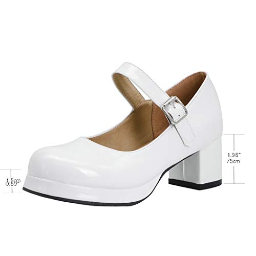 Bellirala Womens Cute Lolita Shoes White Patent Leather Mary Janes Platform Pumps Chunky Heeled Dress Shoes US Size 82