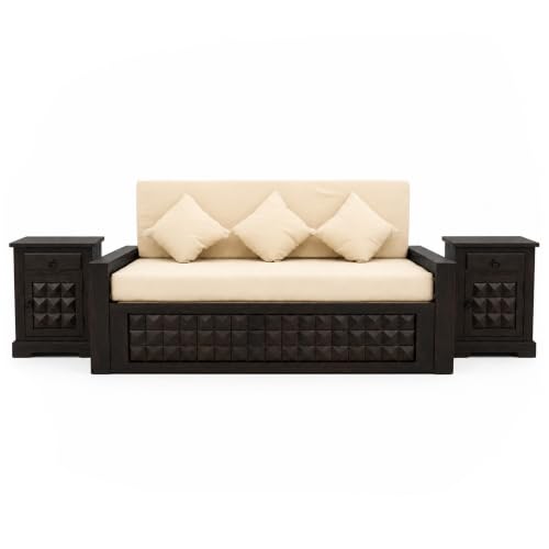 Image of SONA ART & CRAFTS Diamond Sheesham Wood Sofa Cum Bed with Bedside | 3 Seater with Storage and Side Pockets for Living Room Organizer Furniture Sofa Bed Home, Bedroom (Walnut Finish)