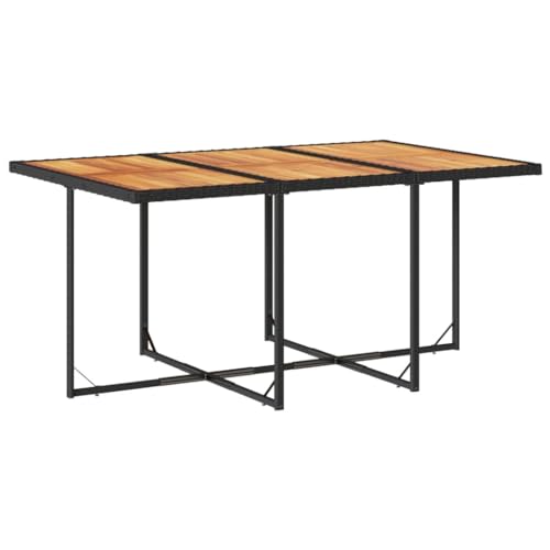 Image of 7 Piece Modern Garden Dining Set with Rectangular Table and 6 High-Back Chairs, Black Brown Outdoor Patio Furniture Set, Durable Acacia Wood and Poly Rattan Construction,