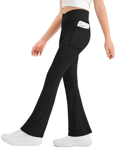 Haloumoning Girl's Flare Leggings Kids High Waisted V Crossover Yoga Pants Bell Bottoms with Pockets 5-14Y