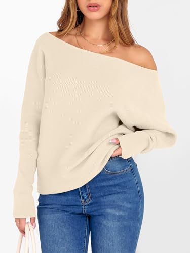 Image of ANRABESS Womens Off Shoulder Sweaters 2026 Fall Long Batwing Sleeve Loose Fit Knit Tops Casual Pullovers Jumpers