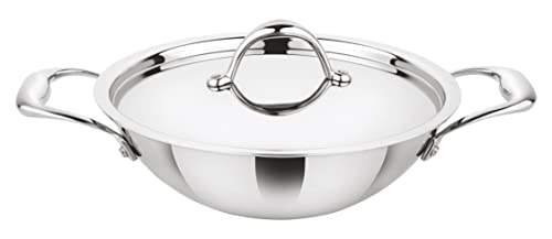 Image of Prabha Prima Kadhai Flat Bottom with Lid, Stainless Steel, Kitchen Kadhai, 18cm, 1.4L, Induction & Non Induction Base, 60 Months Warranty