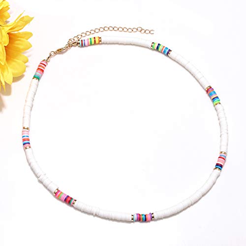 Surfer Heishi Bead Choker Necklace For Woman Star Pearl Polymer Clay Record Disc Beads Layered Necklace Boho Beach Necklace Jewelry (White) #TOP4