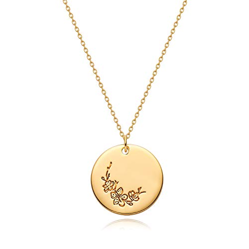 MYEARS Women Coin Necklace Gold Birth Month March Cherry Blossom Flower Bouquet Disc Round Medal Pendant Engraved Floral 14K Gold Plated Combined Personalized Jewelry Birthday