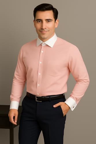 Image of Men's Premium Cotton Formal Dress Shirt - White Collar & French Cuffs with Cufflinks | Solid White, Micro Check & Striped for Office, Wedding
