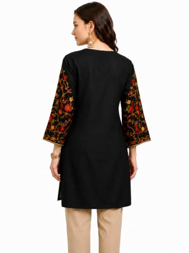 Image of HAUTEMODA Women Cotton Floral Embroidered Short Kurti, Tunic, Three-Fourth Sleeves, White