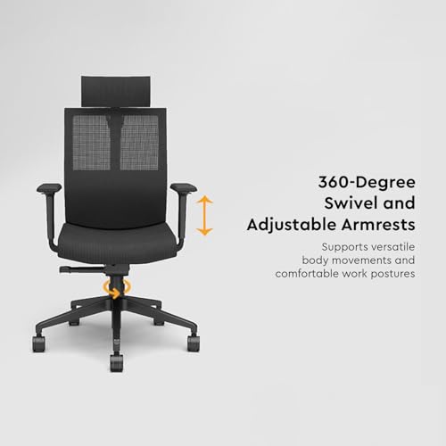 Image of Interio by Godrej Cross Half Mesh High Back Ergonomic Office Chair for Work from Home /Study, 1 Year Warranty, Height Adjustable Chair with Adjustable Armrest, Nylon Base (Black Ink)