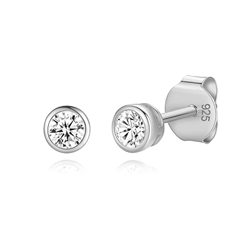 14K Gold Plated 925 Sterling Silver Cubic Zirconia Round Bezel Set Stud Earrings, 2mm to 4mm Stone