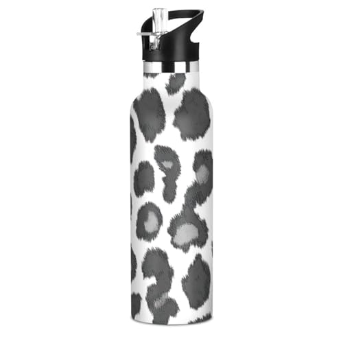 Gery - Botella de agua aislada con estampado de leopardo blanco, a prueba de fugas y sin BPA, con popotes, doble pared aislada al vacío para escuela, niños y niñas, termo de agua para gimnasio