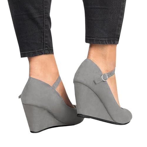 Image of Coutgo Womens Wedge Pumps Dressy Mary Jane Shoes Comfort Wedges Closed Toe Ankle Strap Heeled Shoes