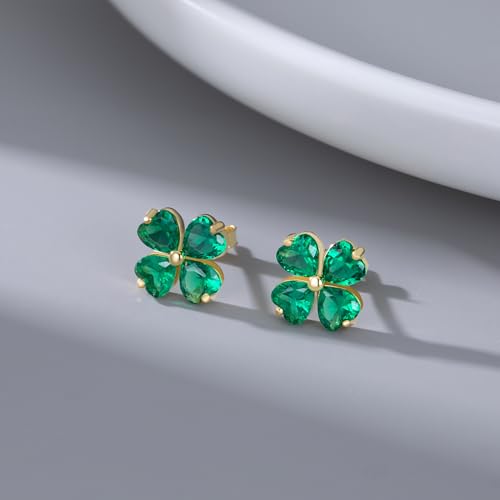 Reffeer Solid 925 Sterling Silver Four Leaves Clover Earrings Studs for Women Teen Girls Heart Cut Green CZ Clover Studs Earrings Leaf4