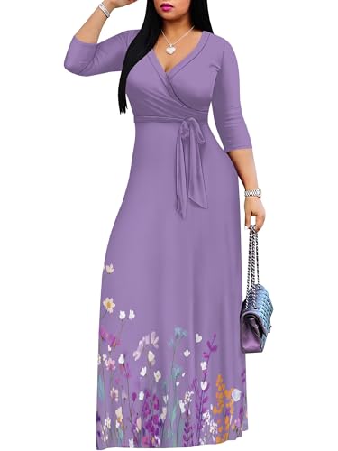 Image of SUZONANA Plus Size Dresses for Women Floral Print Maxi Dress Flowy 3 /4 Sleeve with Belt