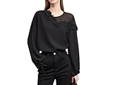 Women Blouse Lace Reveal Shoulder Strap Long-Sleeved Chiffon Shirt Black XL