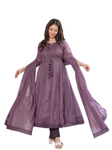 Image of Silver Tone Georgette Anarkali Lace Embellished kurta Pant With Dupatta Set