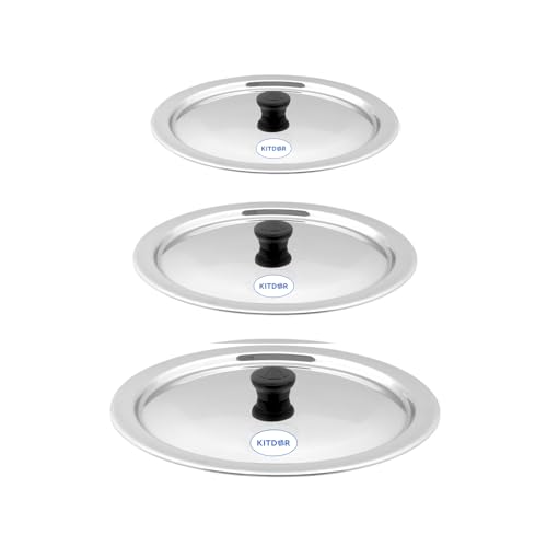 Image of Glossy Steel Lids for Utensils with Knobs | Melt-Free with a Good Gripsteel Lid for Kadai and Other Utensils | Round, Rust Resistant Steel (3 Pcs Set, Large)