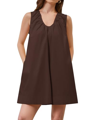 OLAPTA Women Summer Sleeveless Babydoll Scoop Neck Ruched Mini Tank Dress with Pockets