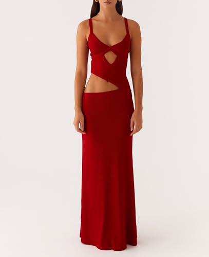 Image of NUFIWI Women Sexy Cutout Long Dress Spaghetti Strap Ruched Bodycon Maxi Dress Backless Hollow Cocktail Dresses