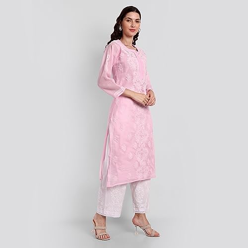 Image of Seva Chikan Hand Embroidered Lucknowi Chikankari Appricot Cotton Kurta Kurti for Women SCL4321