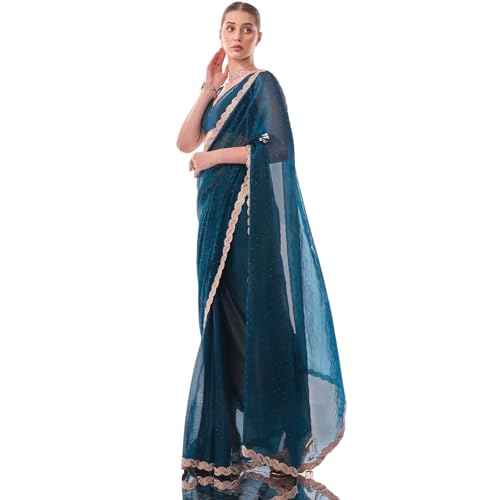 Image of ORHANS Women's Chiffon Saree with Unstitched Blouse Piece Solid Pattern and Laced Border | Lightweight Sarees for Woman | Plain Saris Daily Use | Womens Saree Modern Pattern| Stylish Saree