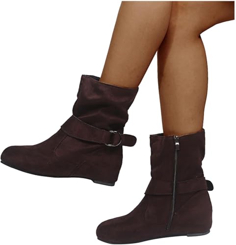 Brand Women's Casual Ankle Boots - Flat Fringe Mid Calf Low Heel Fashion Slouchy Suede Round Toe Slip On Zipper Booties for Winter Fall Dress Short Boots Comfort Outdoor Snow Boots