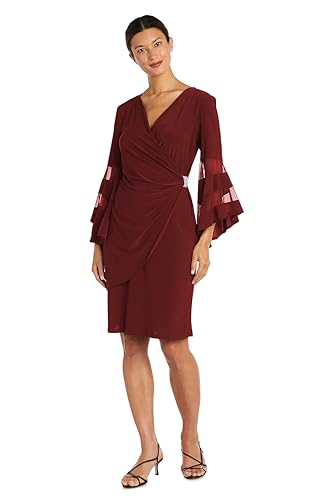 R&M Richards Women's Knee-Length Dress with Bell Sleeves and Rhinestone Detail, Merlot