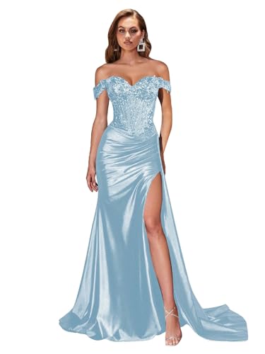 GUKARLEED Sequin Prom Dresses with Slit Long Mermaid Light Blue Formal Dress for Women Off The Shoulder Evening Ball Gowns Size12