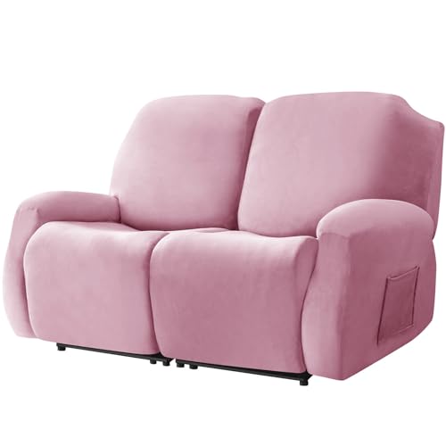 6 ピース ベルベット リクライニングソファーカバー 2人掛け, ソフト 伸縮性 電動 リクライニングチェア ソファーカバー 滑り止め と サイドポケット ソファーカバー 洗える-ピンク-2人掛け
