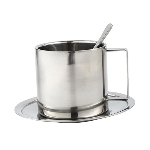 Gcljlmy Ensemble de tasses à café, cuillères et soucoupes, assiettes de service en acier inoxydable, tasse à lait portable à double paroi pour la maison, le bureau, le restaurant, le café (set de 280