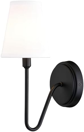 VAXCEL Briar 1 Light Matte Black Traditional Wall Sconce White Linen Shade