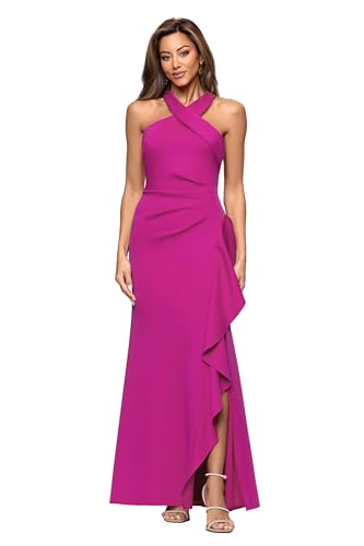 Image of Xscape Evenings Women's Long, Bodycon Low-Sheen Cross Front Halter Neck Evening Dress with Ruching & Ruffle Detail