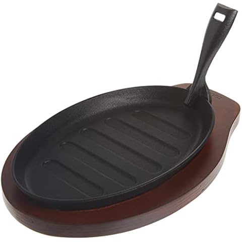 Winco Cast Iron Steak Platter with Wood Underline and Gripper Cover