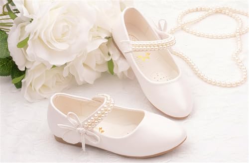 Girls Dress Shoes Mary Jane Sparkly Ballet Flats for Kids Pearl Chain Princess Shoes for Dress-Up Party 80063
