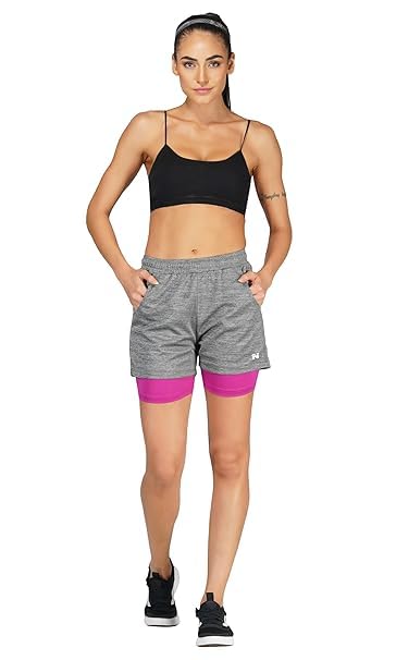 Image of NINQ 2 in 1 Running Sports Shorts for Women with Mobile Phone Pocket Light Weight Quick Dry Fabric for Gym Athletic Workout Running Shorts Lightweight Training Yoga Gym Short