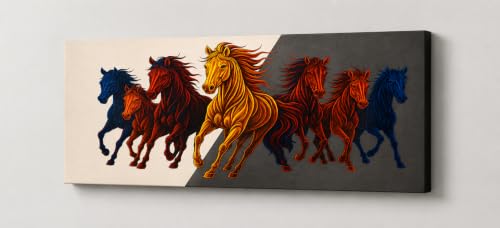Image of 7 Horse Vastu Sunrise Canvas Painting | Positive Energy Wall Decor | Big Size Premium Running Horses Artwork for Home, Office & Hall Decoration (Modern, Red Black Horse, 44x20 Inch)