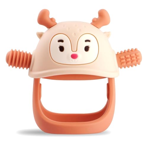 Image of Baby Teething Toy Silicone Teething Mitten for Babies Over 3 Months Anti Dropping Wrist Hand Teethers Baby Chew Toys for Sucking Needs, BPA Free Penguin & Reindeer (Forest Green + Orange)