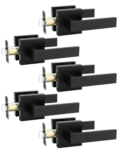 Image of Tinewa 5 Pack Square Black Door Handles Interior, No Lock Passage Door Lever for Left or Right Handing, Heavy Duty Matte Black Closet Door Handle Sets