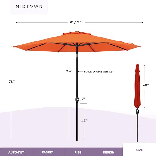 Image of Midtown Umbrellas 10-Year-No-Fade - 8 Ft - UV Proof Bright Orange Polyester Fabric - Umbrella Outdoor Patio, Auto-Tilt Aluminum Frame Patio Umbrella for Garden, Pool & Deck - Black Pole