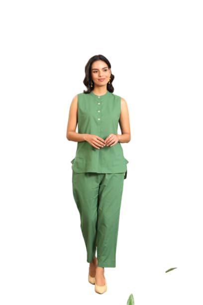 Women's Green Solid Cotton Co-Ord Set-image-21