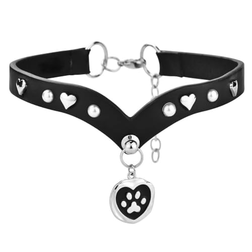 Collier ras du cou en cuir avec patte de chat punk et cœur amoureux